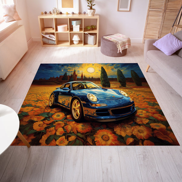 Blue Sports Car in a Patch of Flowers