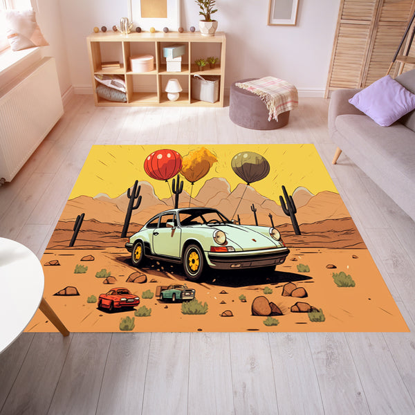 White Car in a Desert with Balloons