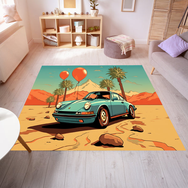 Blue Car in a Desert with Balloons