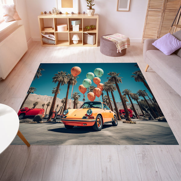 Yellow Car in a Desert with Balloons